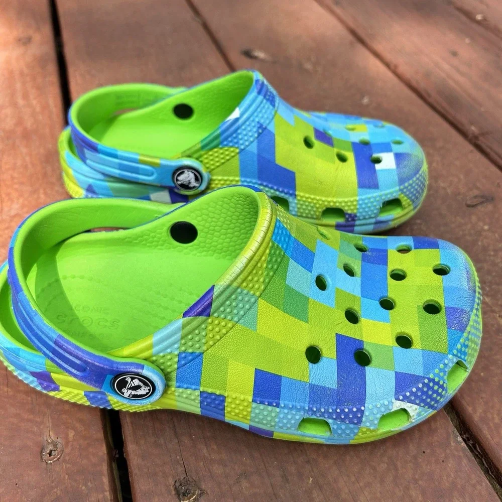 Crocs Kids 13 Green And Blue Checkered Pattern